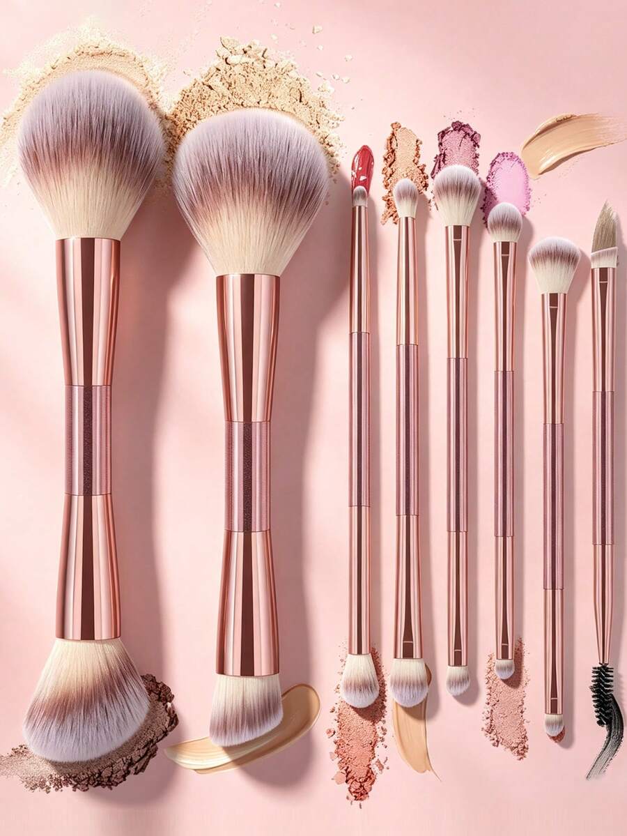 8 Pcs Double Ended Pearlescent Pink Makeup Brushes Kit, 2 Large Size Brushes Included, Exquisite Shiny Handle, Soft Dense Bristles For Blush, Contour And Daily Eyeshadow Blending Work. - Multicolor - View 1