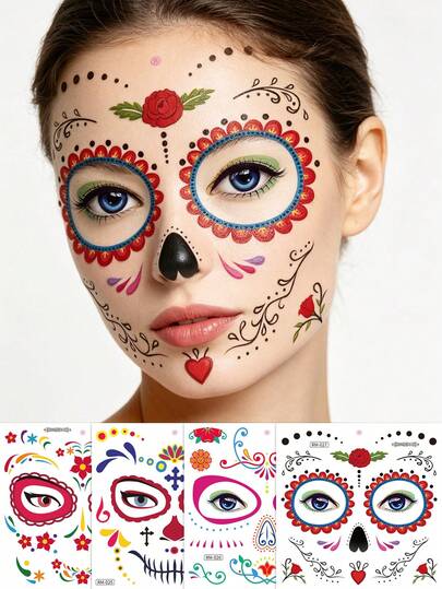 4 Hojas de Pegatinas de Tatuajes Temporales Grandes de Halloween, Calcomanías Realistas de Rostro de La Catrina & Calavera del Día de Muertos, Pegatinas de Arte Corporal y Facial Impermeables, Ideales para Decoraciones de Fiesta de Halloween, Accesorios de Maquillaje de Cosplay