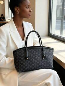 女款復古 M-Monogram 大容量托特包 肩背手提包 蝴蝶結裝飾 通勤日常購物包 - 黑色 - 查看 9
