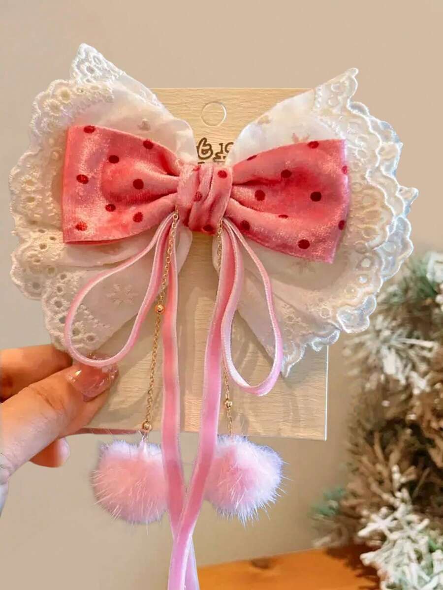 1件女童優雅甜美粉色波點蝴蝶結髮飾蕾絲天鵝絨蝴蝶結珍珠毛球裝飾緞帶髮夾 - 粉色 - 查看 1