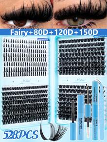MEM 528/560片超密DIY接睫毛套組，10-16mm 80D-150D D捲度設計，含防水膠水、鑷子與刷子，貓眼款，適合初學者，睫毛簇、假睫毛、單根睫毛 - 黑色 - 查看 3