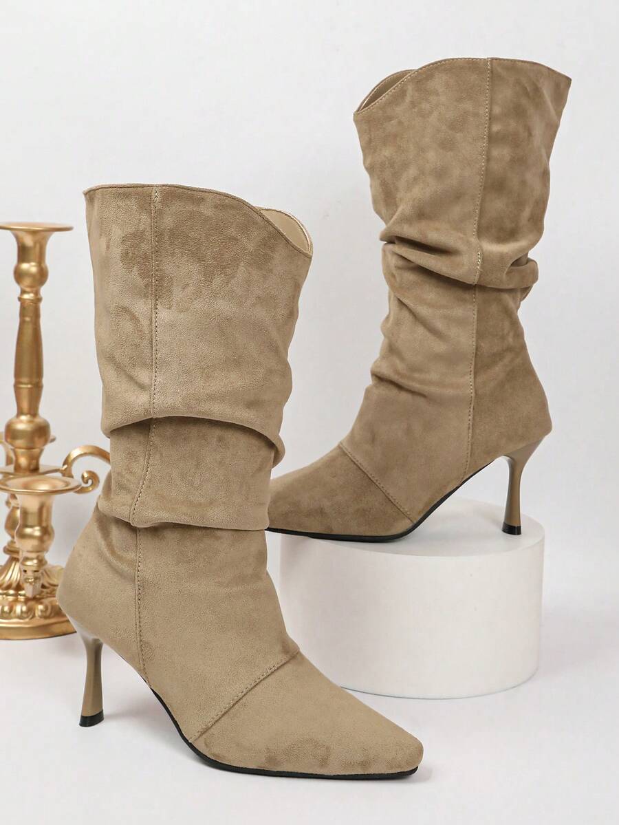 NANBEI ZUO Women's Sleeveless Pleated Pointed Toe Stiletto Mid-Calf Boots, Versatile For Daily Wear, Suitable For Street Style, Commuting And Christmas Outings - Khaki - View 1