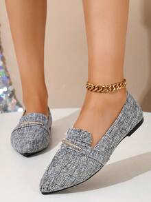 Spring/Autumn Women's Silver Metallic Pointed Toe Flat Loafers, Exquisite Soft Sole Non-Slip Breathable Slip-On Shoes, Fashionable Elegant Versatile For Office, Party, Date, Shopping - Grey - View 3