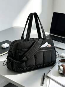 Travel Bag With Quilted Plaid Pattern, Ruched Hem And Metal Zipper Decor, Handheld And Crossbody Multi-Compartment Storage For Clothes And Digital Accessories, Zipper Closure, Minimalist Puff Style, Travel And Gym Bag, Unisex Short Trip, Sports And Commute, Practical Luggage Bag - Black - View 6