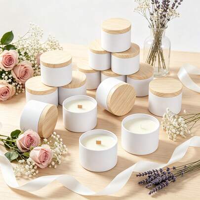 Kit de 36 piezas para hacer velas artesanales DIY, incluye 6 frascos vacíos para velas de 4 oz de color blanco con tapas de grano de madera, mechas para velas, pegatinas para mechas, soportes para mechas y materiales para manualidades de velas hechas a mano, adecuado para decoración del hogar y creación de regalos