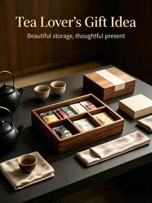 Multi-Compartment Solid Wood Tea Bag Storage Box, Divided Wooden Tea Canister, Decorative Desktop Organizer For Tea Bags, Coffee Capsules, Living Room Tabletop Decor - Walnut - View 6