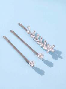 3pcs Set Luxury Sparkling Zirconia Leaf Hair Clips, Fashion Women Daily Commute Photo Outfit Side Hair Clips, Bride Bridesmaid Wedding Atmosphere Versatile Straight Hair Clips Accessories - Silver - View 5