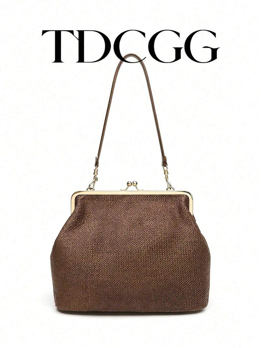 1pc Coffee Color Woven Shell Decor Women's Large Capacity Shoulder Crossbody Bag, Suitable For Beach, Travel And Vacation - Multicolor - View 1