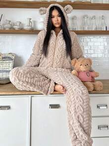 1pc Women's Hooded Fluffy Jumpsuit With Ears, Heart Pattern, Solid Color, Cute, Comfortable, Warm, Suitable For Autumn/Winter, Cozy Outfits - Camel - View 4
