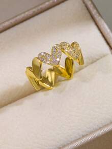 1pc Fashionable Exquisite Copper Inlaid Zirconia Heart-Shaped Open Ring Women's Jewelry Engagement Gift - Yellow Gold - View 2