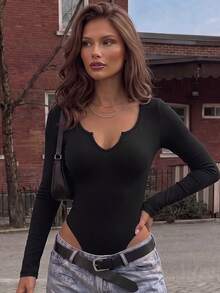 Women's Early Autumn V-Neck Hollow Design Y2K Style Basic Fitted Long Sleeve Bodysuit Black - Black - View 3