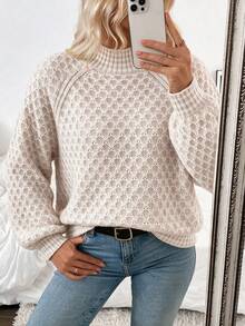 SEREN Sweater Pullover Lengan Panjang Rajut Waffle Musim Gugur/Dingin Wanita, Atasan Rajut Leher Setengah Tinggi, Gaya Bohemian Kasual - Aprikot - View 2