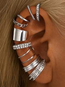 9pcs Fashion Minimalist Elegant Rhinestone Inlaid Ear Clips Earrings Set, Multi-Layer Stacked Earrings, Suitable For Women's Daily, Date, Party Wear - Silver - View 1
