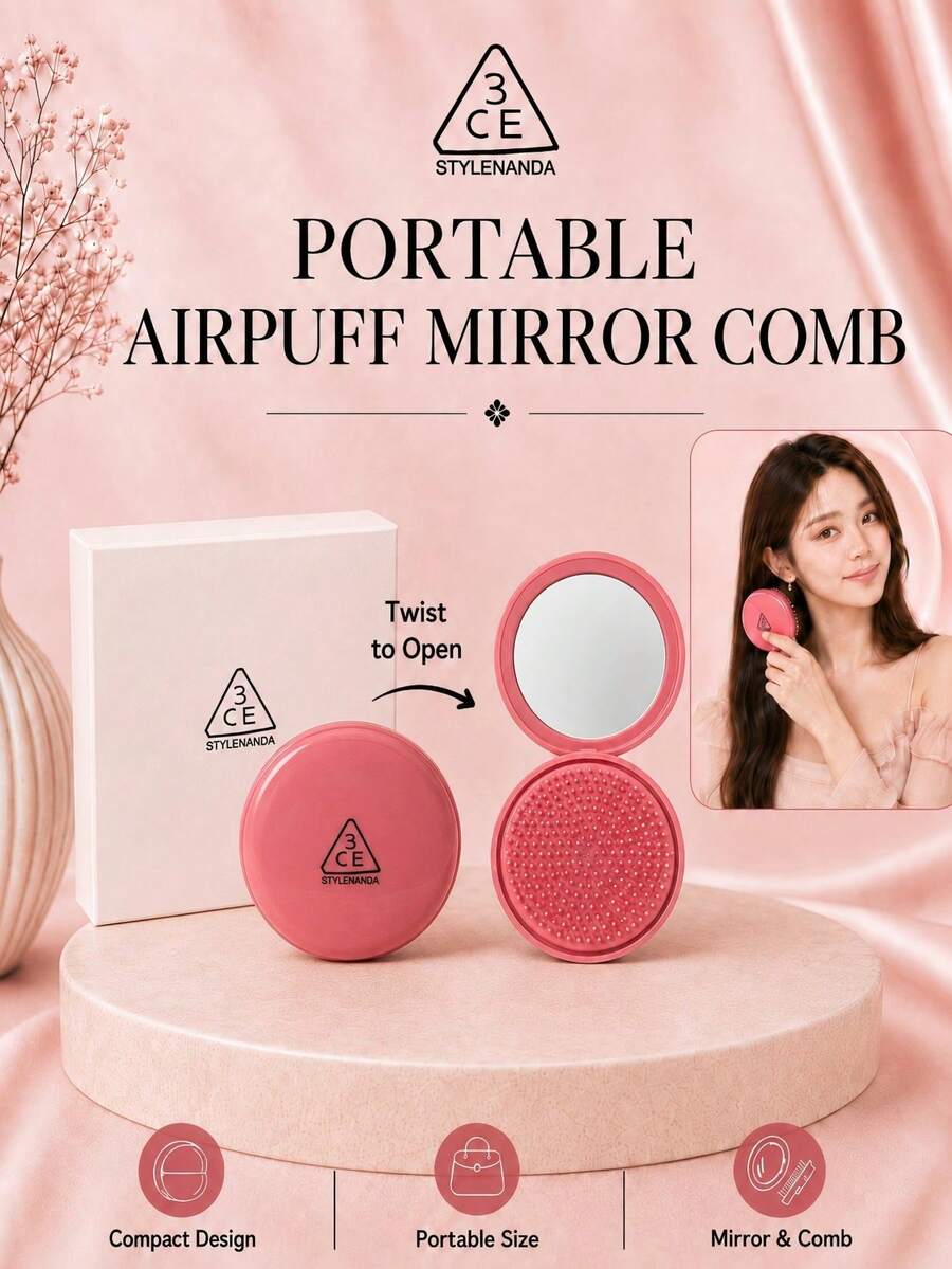 3CE Sanxi Jade Portable Cushion Mirror Comb, 8cm Diameter, 2-In-1 Mirror And Comb With Soft Cushion Bristles, Perfect For Touch-Ups And Hair Styling On The Go, Ideal For Personal Use Or As A Gift