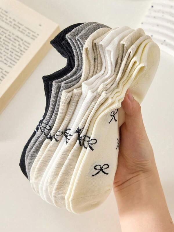 5/10Pairs Women's Short Socks, Bow & Floral Pattern Mid-Calf Socks, Suitable For All Seasons, Random Colors