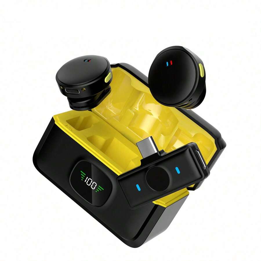 HITOZON Wireless Lavalier Microphone, Plug & Play Lapel Clip Mic With LED Display & Portable Charging Case, Noise Reduction, For Smartphone, Computer, Camera, Live Streaming, Vlogging, Podcasting, Content Creation - Black/Yellow - View 1