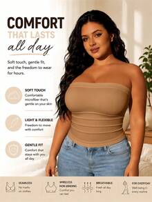 Plus Size Women's Casual Solid Color Fitted Bandeau Top, Versatile Comfortable Breathable Seamless Elegant, Suitable For Daily Wear, Dating, Shopping, Work - Khaki - View 1