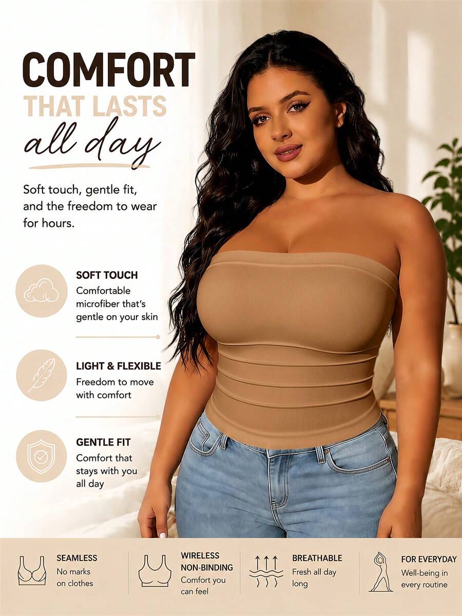 Plus Size Women's Casual Solid Color Fitted Bandeau Top, Versatile Comfortable Breathable Seamless Elegant, Suitable For Daily Wear, Dating, Shopping, Work - Khaki - View 1