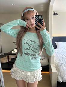 Polka Dot Letter Print Long Sleeve T-Shirt Women Minimalist Sexy Asymmetrical Shoulder Top - Mint Green - View 2