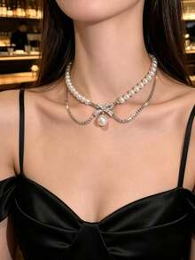 1pc Exquisite Pearl Beaded Bow Necklace, Suitable For Daily Wear, Fashion Necklace Accessory For Parties, Birthday Gift Necklace For Girlfriend - Silver - View 8