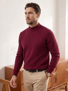 Men's Stand Collar Long Sleeve Solid Color Minimalist Casual Knitted Sweater, Lightweight For Autumn/Winter - Burgundy - View 4