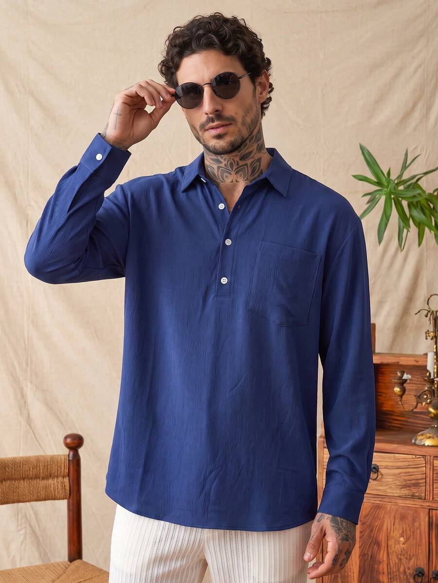 glestore Men's Vintage American "Old Money" Style Pleated Long-Sleeve Shirt-Stylish And Versatile, Perfect For Commuting, Casual Wear, And Vacations - Blue - View 1