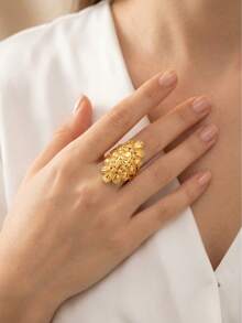 24K Gold Plated Filigree Oval Open Adjustable Ring, Rust-Resistant Gold Alternative Laser Cut Petal Metal Statement Ring Fine Jewellery - 01 - View 5