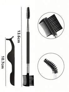 2pcs Eyelash Tweezers And Dual-Head Multi-Purpose Eyebrow Brush, False Eyelash Extension Tweezers, Removal Clamp Tweezers, Women's False Eyelash Application Tool - Black - View 5