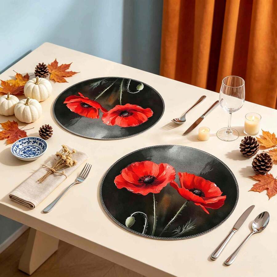1/4/6pcs Dark Red Poppy Hand-Painted Pattern Placemats, Suitable For Home Kitchen, Made Of Polyester Fiber, Kitchen Table Decoration, And Party Scene Decoration - Multicolor - View 1