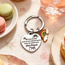 2pcs Fresh Artistic Engraved Heart Rainbow Metal Keychain, Luggage Charm, Backpack Pendant, Warm Healing Gift For Best Friends, Sisters, Brothers, Birthday Party Favor - Silver - View 4