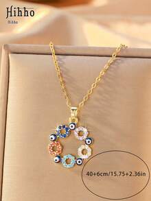 Hihho 1pc Evil Eye Floral Wreath Pendant Necklace, Multicolor Zirconia Options, Hollow Floral Wreath Circular Design, Inlaid With Evil Eye Pattern, Symbolizing Good Luck, Perfect Gift Accessory - Wreath - View 7