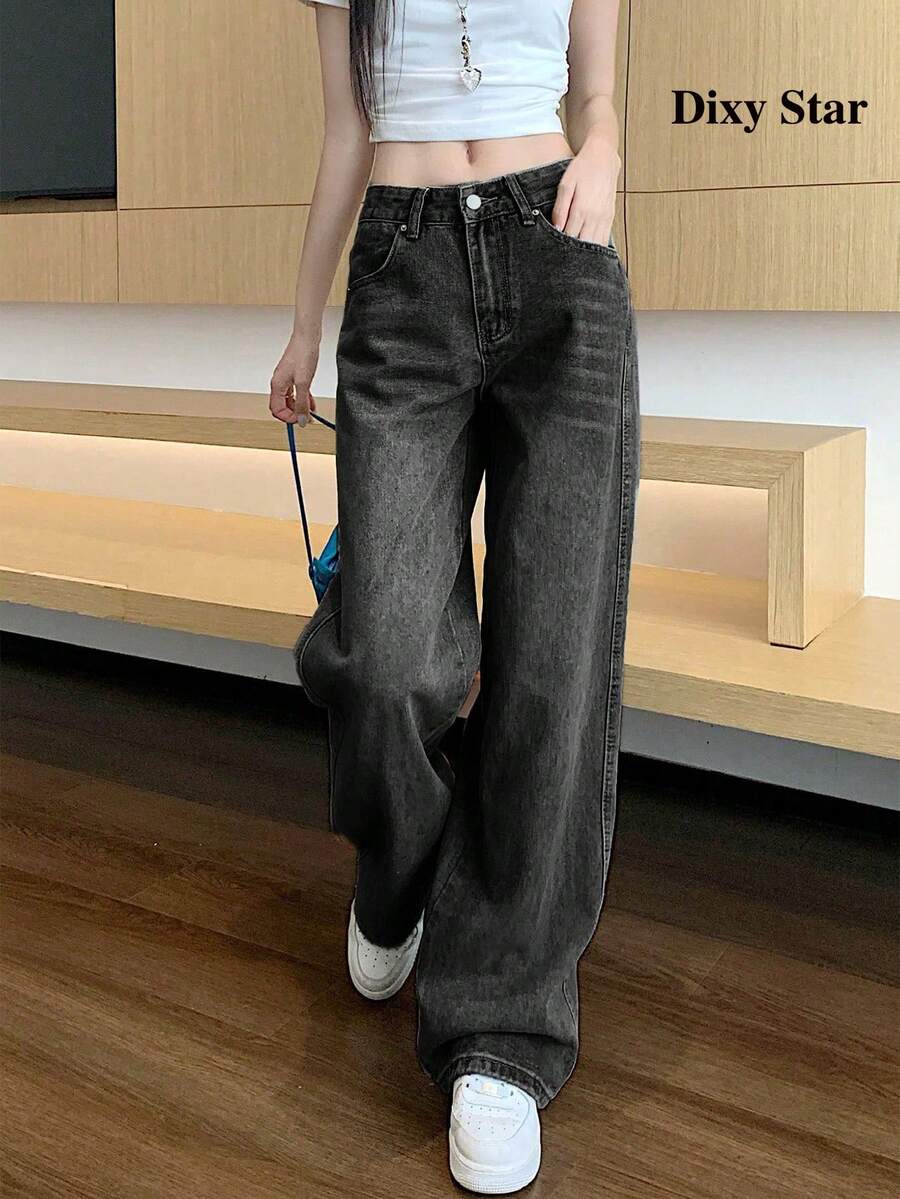 Women's Pocket Loose Fit Relaxed Daily Casual Jeans Spring Black Fall
