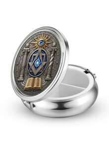 1pc 3-Compartment Freemasonry Symbol Universal Eye Ancient Art Theme Mini Pill Box, Metal Mini Pill Box Organizer For Medicine And Vitamins, Decorative Gold - Multicolor - View 4