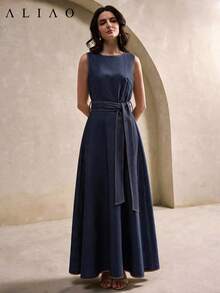 Aliao Old Money Denim-Look Color Block Sleeveless A-Line Dress, Retro Party Wedding Date Vacation Formal Mini Dress, Summer - Navy Blue - View 4