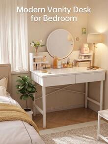 Modern White Dressing Table Makeup Vanity Desk With 2 Drawers & Round Mirror, Space-Saving Bedroom Furniture, Ideal Christmas Gift & New Year Home Decoration - White - View 1