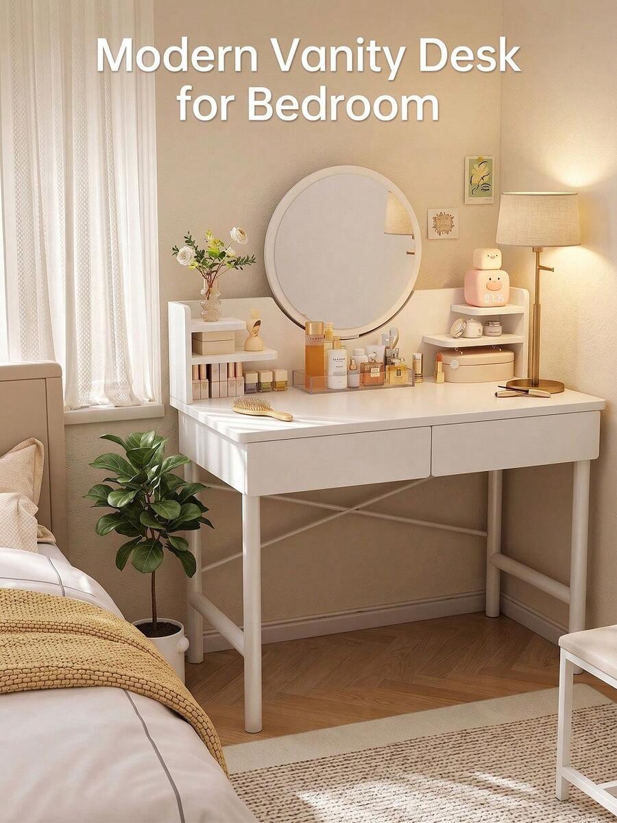 Modern White Dressing Table Makeup Vanity Desk With 2 Drawers & Round Mirror, Space-Saving Bedroom Furniture, Ideal Christmas Gift & New Year Home Decoration - White - View 1