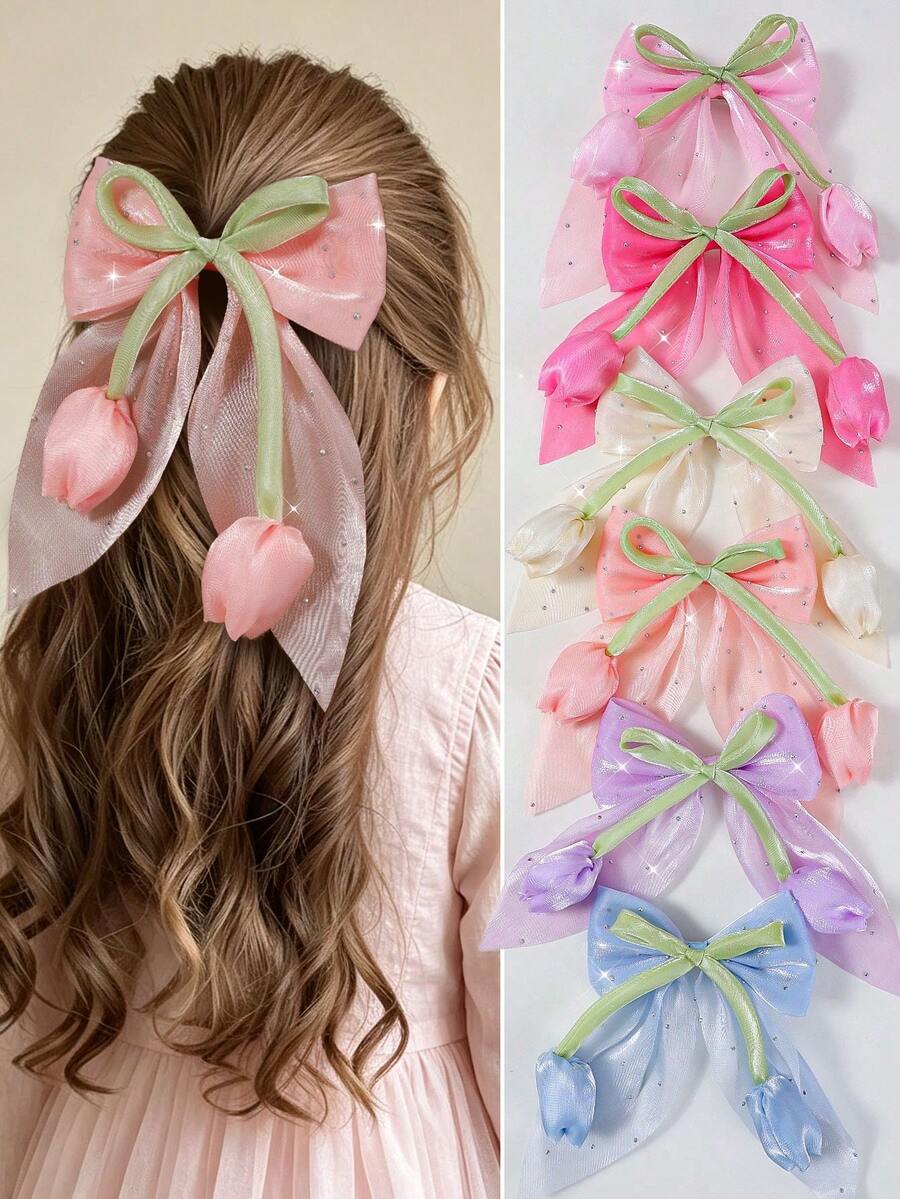 6pcs/Set Girls' Rhinestone Tulip Tassel Mesh Chiffon Bow Hair Clips, Cute & Sweet Hair Accessories For Daily Use - Multicolor - View 1