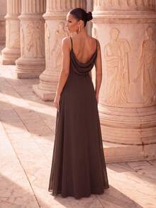 EVERPRETTY Women's Brown Elegant Wedding Guest Long Dress, Pleated V-Neck Spaghetti Strap High Waist Flowy Bridesmaid Dress Fall - Chocolate Brown - View 6