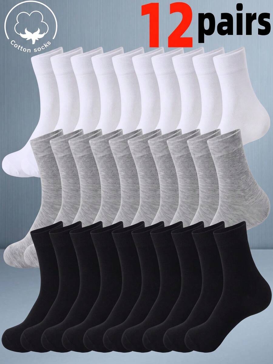 12/1 Pair Black White Grey Minimalist Solid Color Men's Mid-Calf Socks, Unisex, Autumn Winter Christmas Gift Socks - Multicolor - View 1