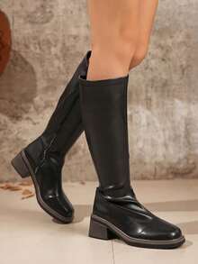 Side Zipper Split Seam Square Toe Straight Leg Tall Boots Minimalist Wood Grain Layered Chunky Heel Vintage Versatile Knee-High Boots Suitable For Daily Wear - Black - View 7