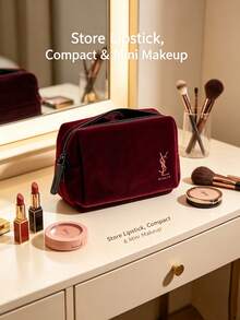 Yves Saint Laurent YSL Saint Laurent Burgundy Velvet Zipper Makeup Bag, Luxury High-End Cosmetic Storage Bag - Burgundy Velvet - View 3