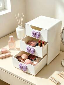 Pink Bow Decor Mini Desktop Drawer Storage Box, Multi-Layer Plastic Jewelry & Cosmetic Organizer, Non-Electric Desktop Organizer, Suitable For Vanity, Bedroom, Office, Can Store Various Daily Necessities, Fits Home, Makeup Table, Living Room Scenes For Decoration - Multicolor - View 6