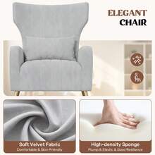 Nalupatio Modern Velvet Accent Chair, High Back Armchair With Lumbar Support & Gold Metal Legs, Comfy Upholstered Lounge Reading Chair For Living Room, Bedroom, Home Office - Light Grey - View 3
