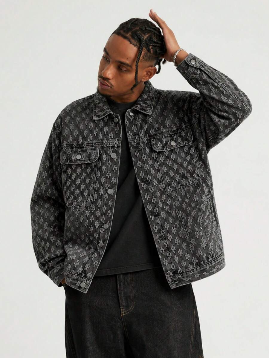 Men Long Sleeve Vintage Street Style Casual Denim Jacket , Fall - Dark Grey - View 1