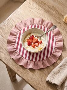 1/2/4/6/12pcs Red & White Thin Striped Pink Ruffle Edge Fabric Placemats, Fresh Natural Style, Round Shape With Ruffle Edge Patchwork Details, Stain-Resistant Tabletop Protection And Decorative Function, Suitable For Daily Breakfast And Natural Home Decor Scenes - Red - View 10