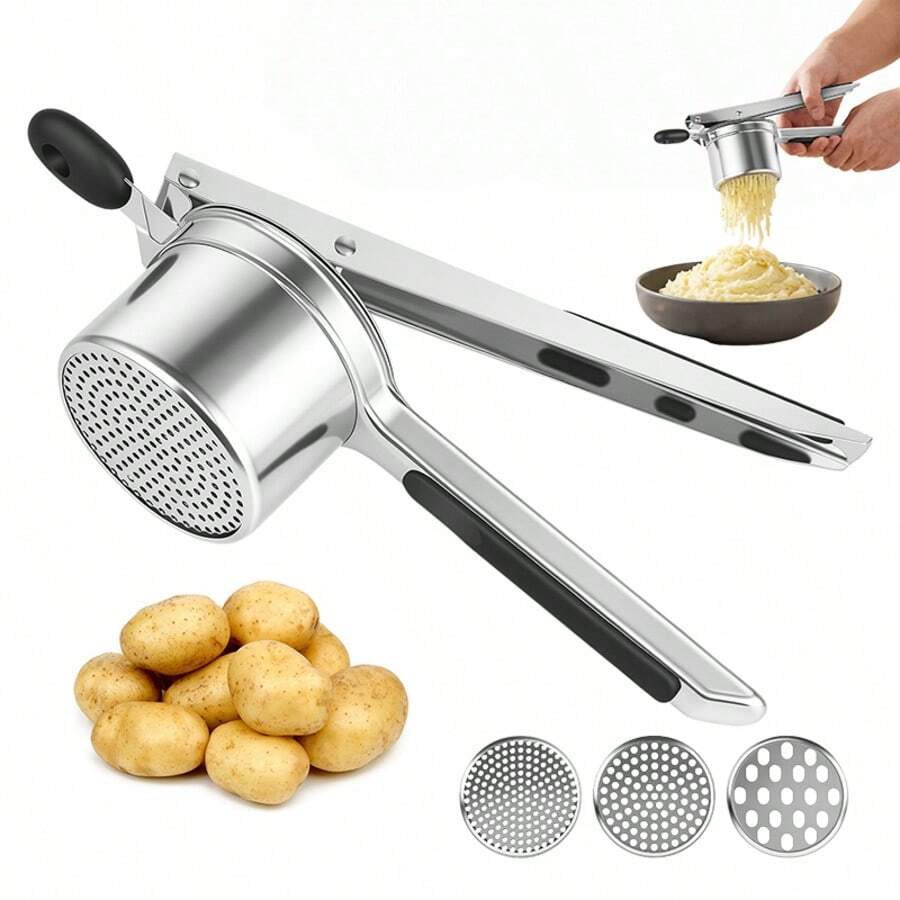 Vandise Stainless Steel Potato Ricer With 3 Interchangeable Discs (Fine/Medium/Coarse) - Silicone Handle Vegetable Press For Fluffy Mashed Potatoes, Baby Food, And Fruit Juicer - Dishwasher Kitchen Tool - Silver - View 1