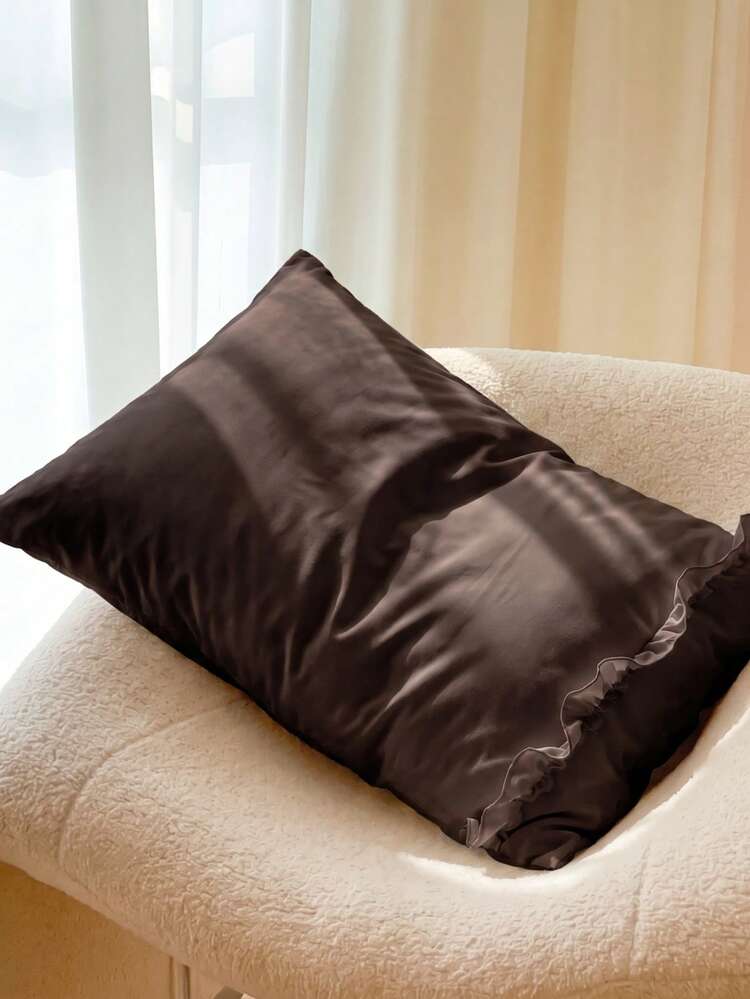 1pc/2pcs Solid Coffee Color Pillowcase With A Bow And Ruffle Trim (Without Insert), Comfortable And Breathable Polyester Fiber Suitable For All Seasons, Home Decoration, Simple Classic, Cozy Bedding, Neutral Decor, Ruffle Accent, Versatile Home - Mocha Brown - View 7