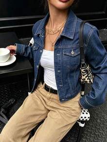 Women's Pinstripe Cropped Denim Jacket, Button Front Jean Jacket, Vintage Minimalist Denim Jacket, Fall Outfit For Women, Fall Clothes For Women - Medium Wash - View 1