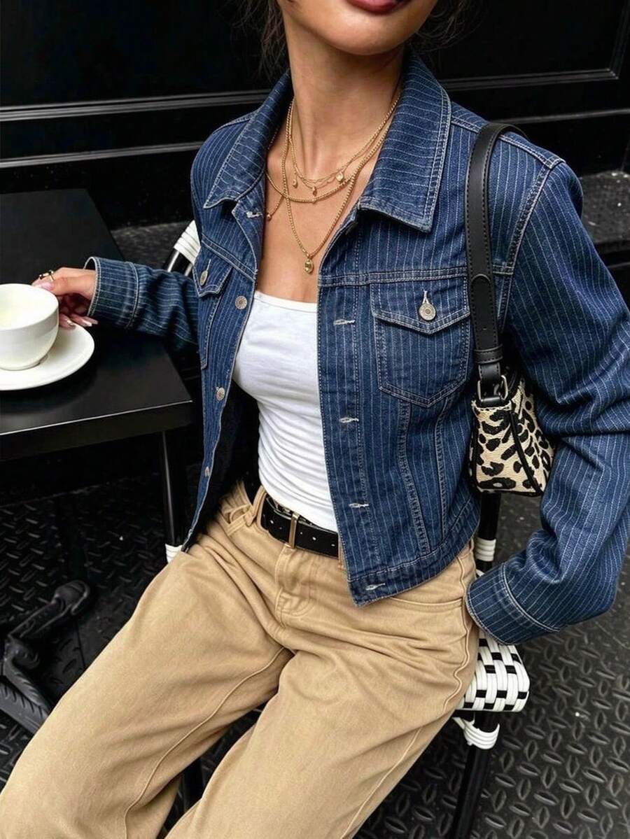 Women's Pinstripe Cropped Denim Jacket, Button Front Jean Jacket, Vintage Minimalist Denim Jacket, Fall Outfit For Women, Fall Clothes For Women - Medium Wash - View 1