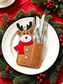 1pc Cute ChristmasTableware Storage, Santa Claus, Reindeer, Snow Man Designs, Christmas Tableware Holder, Placemat, Silverware Pocket, Party Table Decoration, Adding Color To Your Holiday Party Table - Multicolor - View 2
